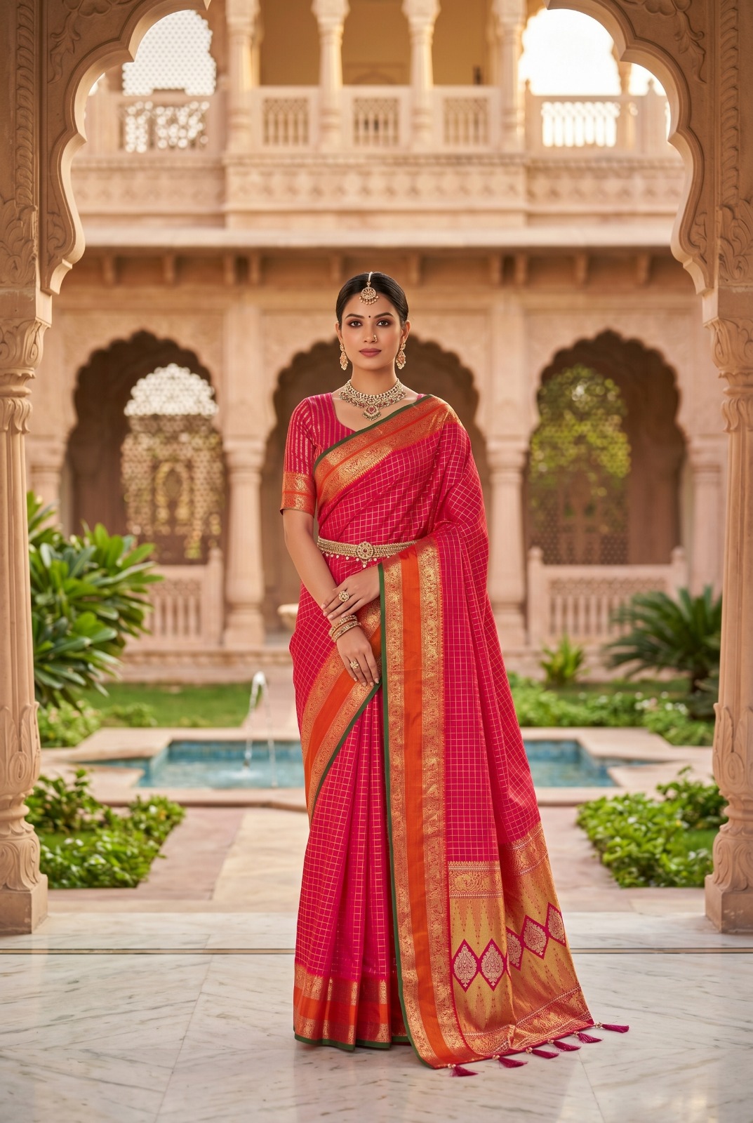 Deep Navy Blue with Magenta Pink Border Soft Kanchipuram Silk Saree